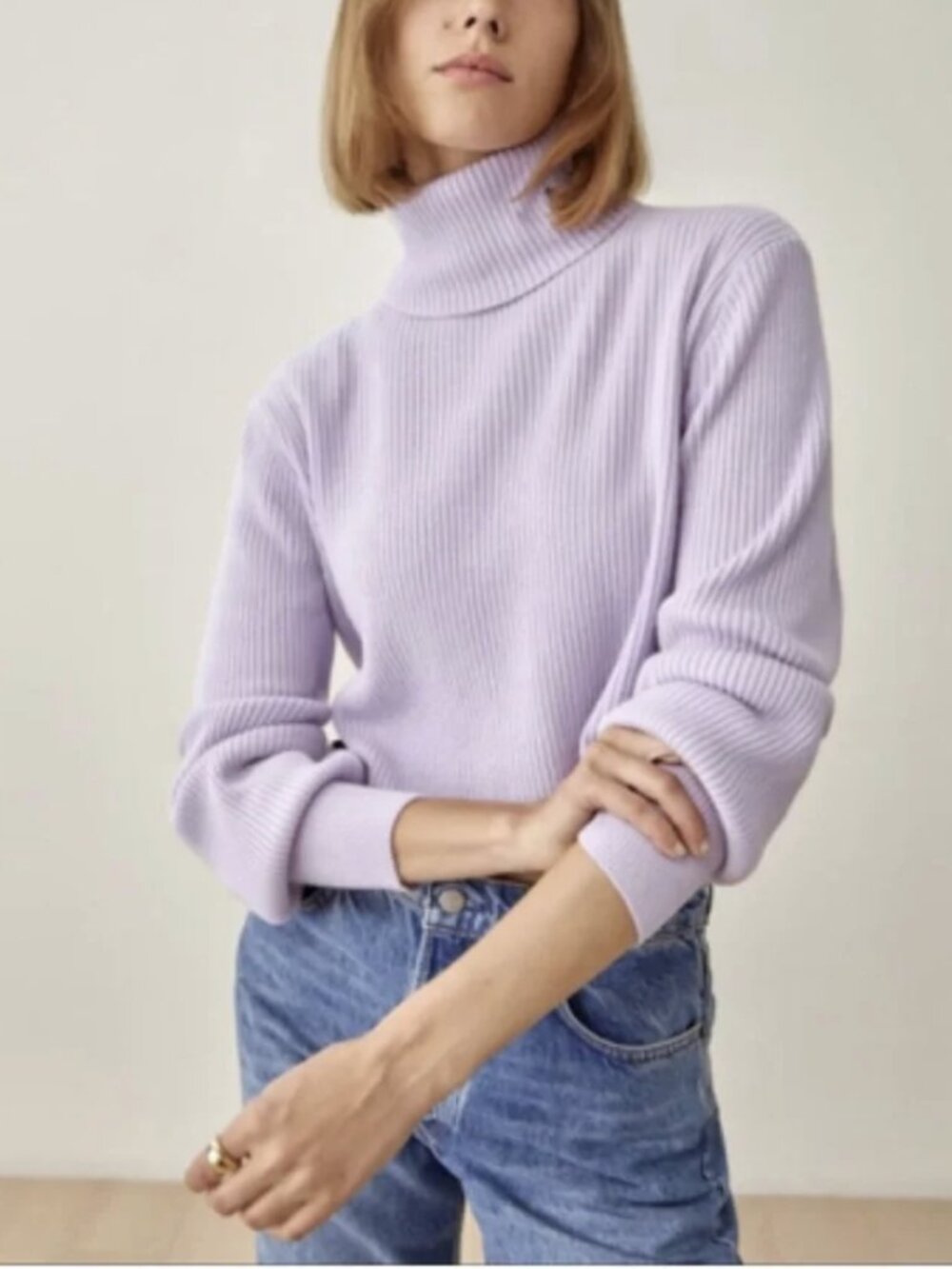 Reformation Luisa Crop Cashmere Blend Sweater Pale Lavender Purple Turtleneck XL